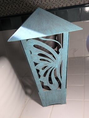 vintage, metal, butterfly themed votive candle lantern.
